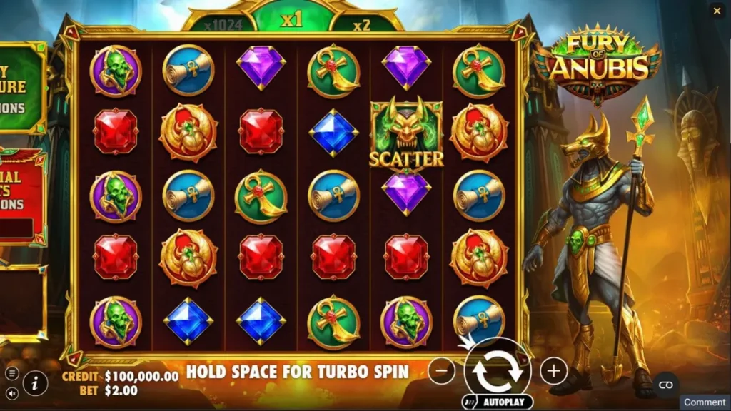 Interface do slot Fury of Anubis com o deus egípcio Anubis e símbolos místicos