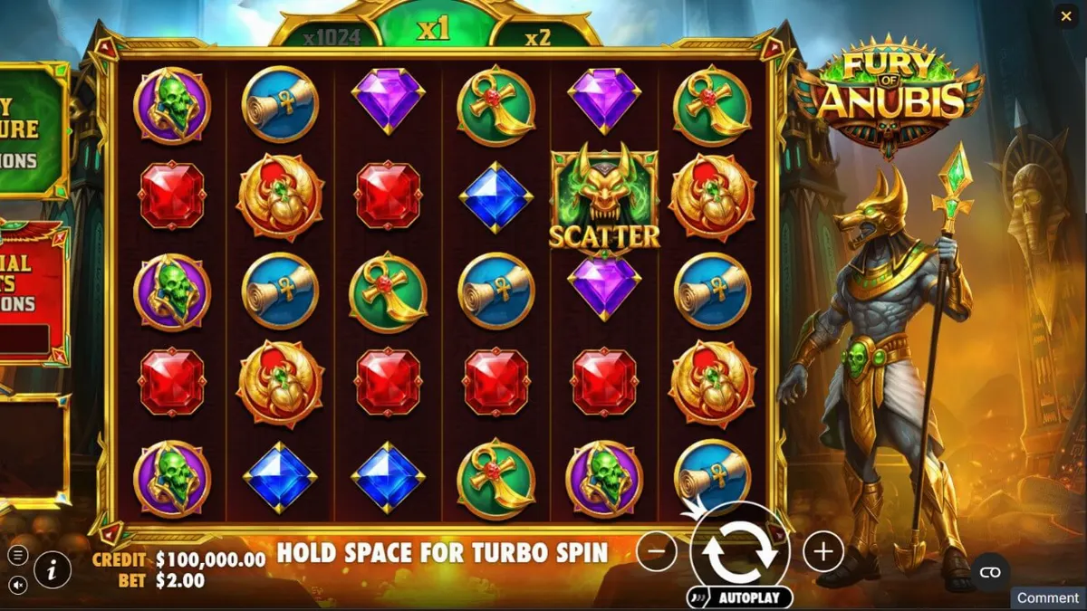 Interface do slot Fury of Anubis com o deus egípcio Anubis e símbolos místicos