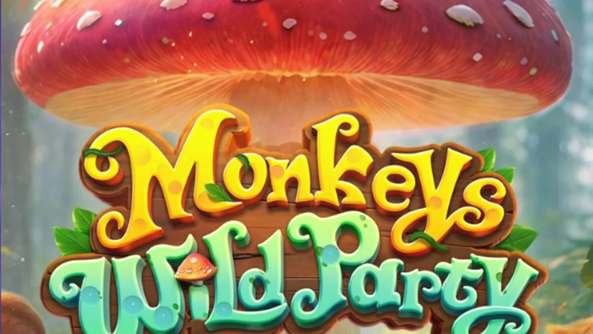 Interface vibrante do slot Monkeys Wild Party com macacos e cogumelos mágicos